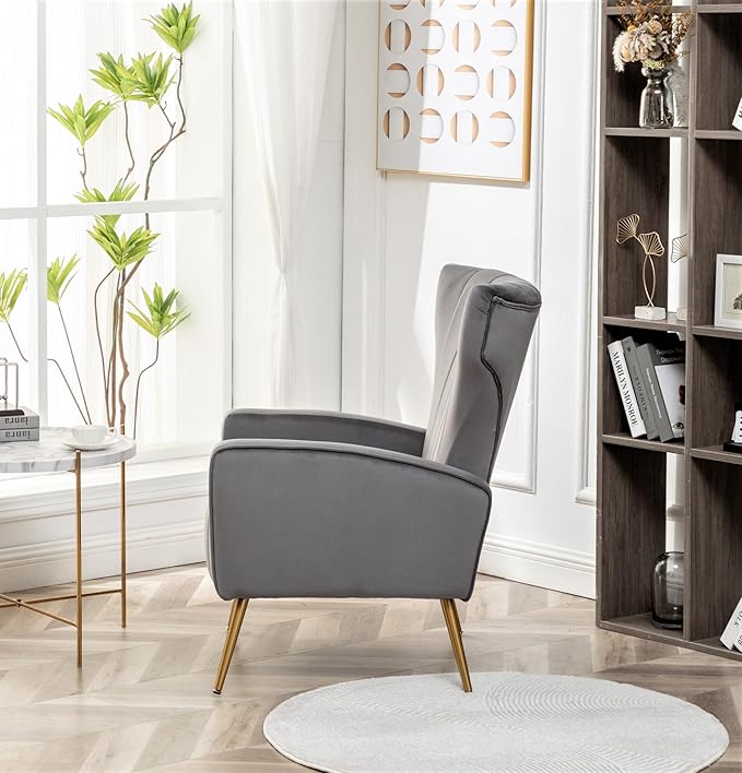 Container Furniture Direct Modern Velvet Accent Chair, Channel Tufted Bedroom, Office or Living Room Furniture with Elegant Metal Legs, 26" Wide Armchair, Grey