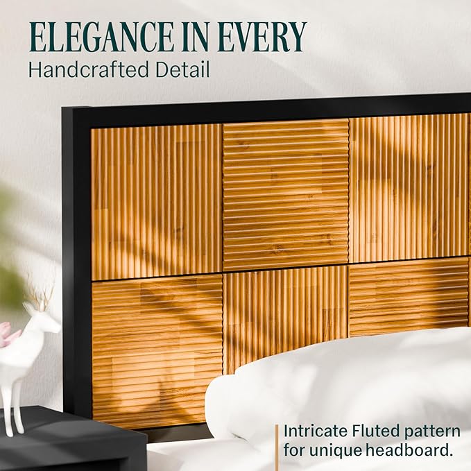Bme Madia King Size Bed Frame and Headboard, Sophisticated Mid-Century Style with Fluted Pattern, 800lbs Weight Support, Crafted from Durable Acacia Wood Slats, Simple Assembly, Sleek Black Finish