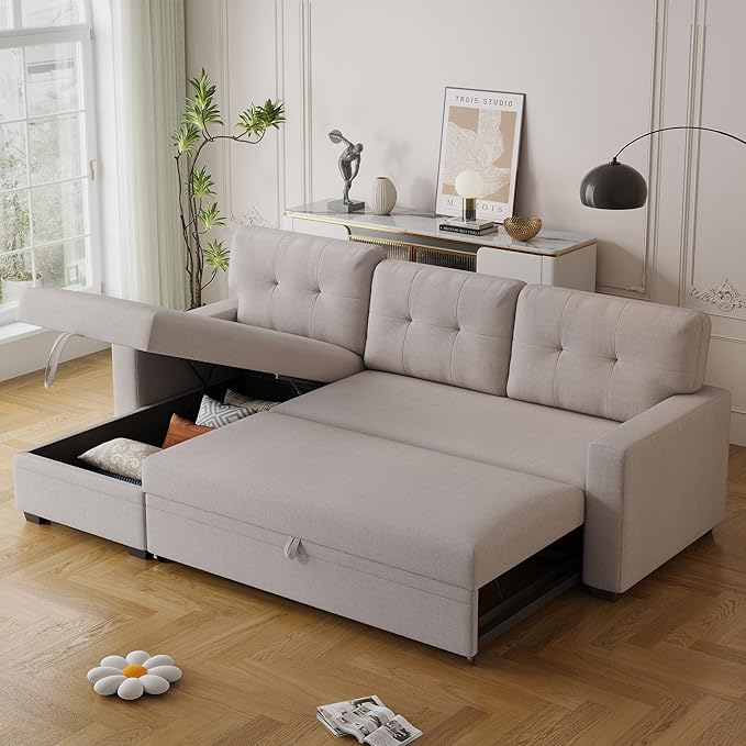 Ball & Cast Convertible Sectional Sleeper Sofa Bed L Shaped 4 in 1 Pull Out Couch with Reversible Storage Chaise & Removable Back Cushions,Sleeper Corner Pull Out Sofa Bed Couch for Living Room,Office