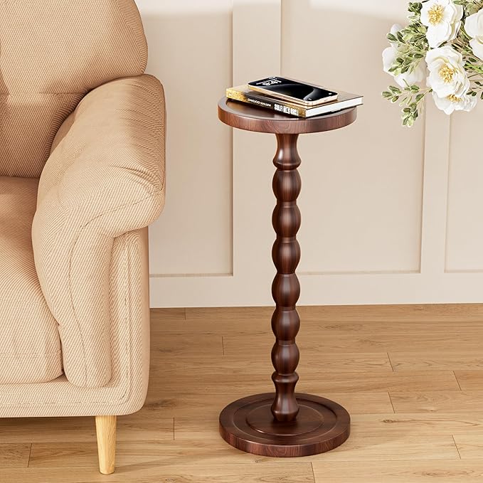 Solid Wood Drink Table, Rubber Wood‌ Small Round Side Table for Small Spaces, Martini Tables, Pedestal End Tables for Living Room, Bedroom, Corners, and Office (Dark Walnut, 9.4 inch)