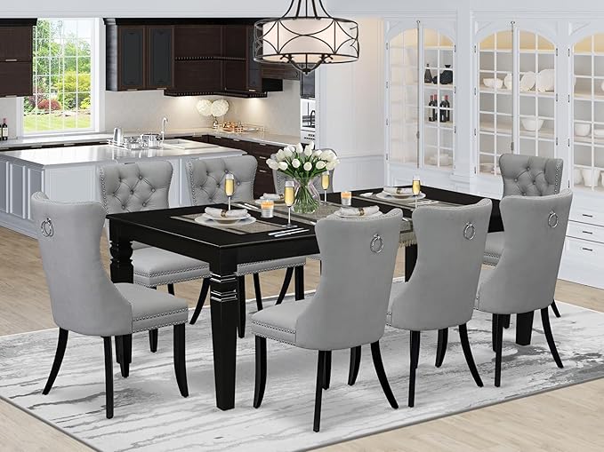 East West Furniture LGDA9-BLK-27 9 Piece Kitchen Set Consists of a Rectangle Dining Table with Butterfly Leaf and 8 Polyester Fabric Upholstered Chairs, 42x84 Inch, Black