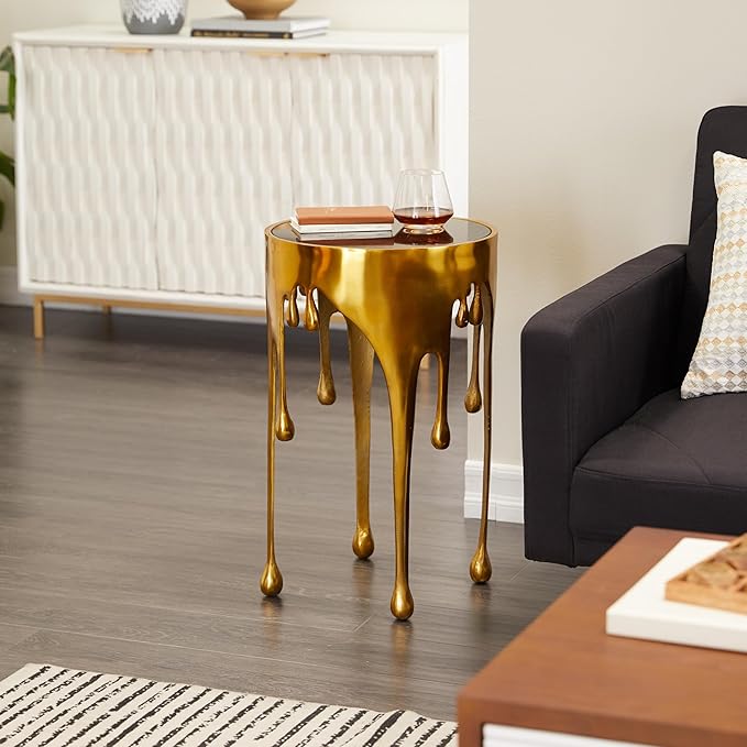 Deco 79 Aluminum Metal Abstract Melting Drip Accent Table with Melting Design and Shaded Glass Top, 16' x 16' x 25', Gold