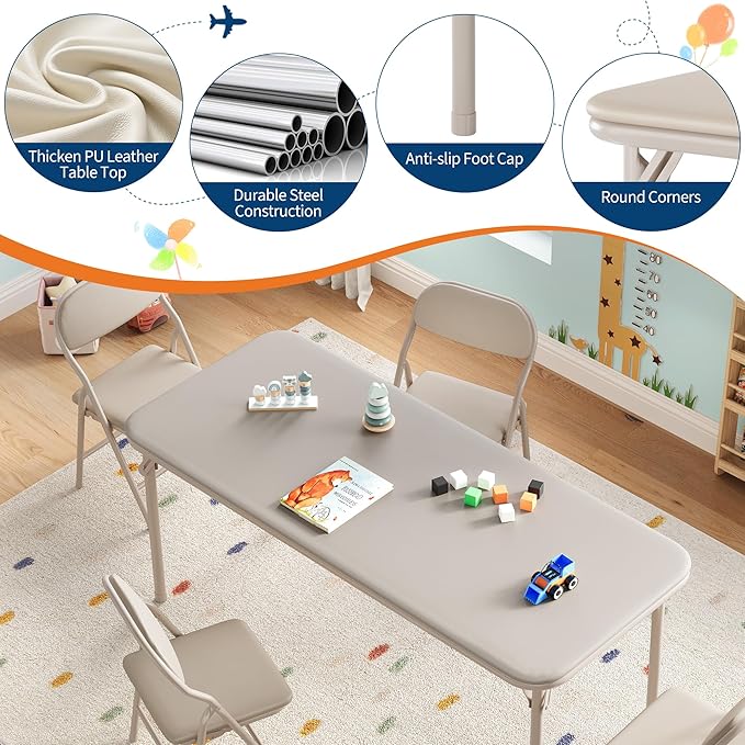 GarveeHome 5-Piece Kids Folding Table and Chairs Set, Toddlers Children's Activity Table and Chairs Set for Dining Room,Daycare,Classrooms