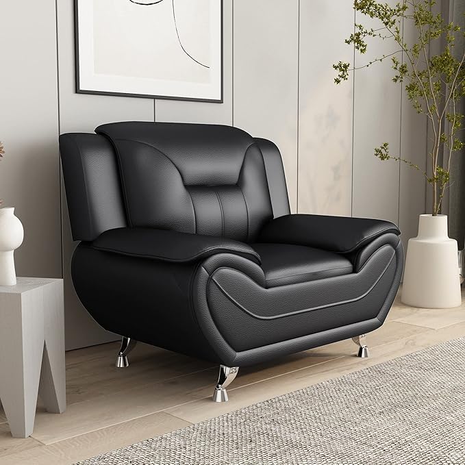 Container Furniture Direct Michael Modern Faux Leather Upholstered Stainless Steel Legs Living Room, Chair, Midnight Black