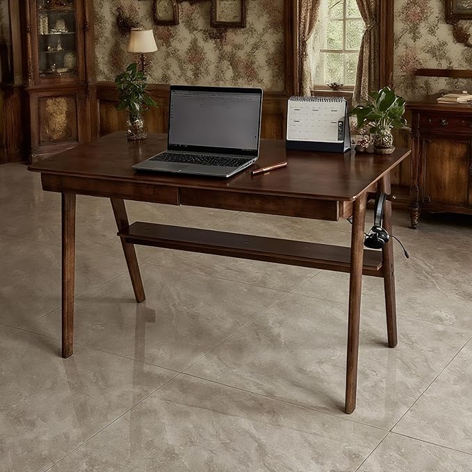 Oak Desk with Drawers, Solid Wood Desk with Bookshelf Small Computer Desk for Small Spaces Mid-Century Modern Wood Writing Desk with 2 Drawers for Home Office 47"