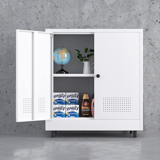 Metal Storage Cabinet with 2 Doors and Adjustable Shelf, Free Standing Accent Sideboard Buffet Cabinet for Home, Office, Entryway, Hallway, Living Room, Kitchen and Dining Room (White)