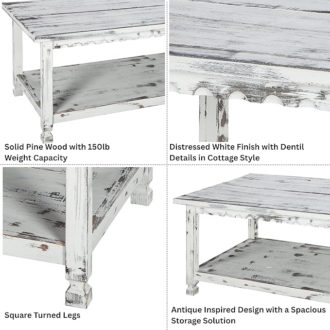 Country Cottage 42-Inch Farmhouse Coffee Table with Storage Shelf and White Antique Finish for Living Room or Family Room by Alaterre Furniture