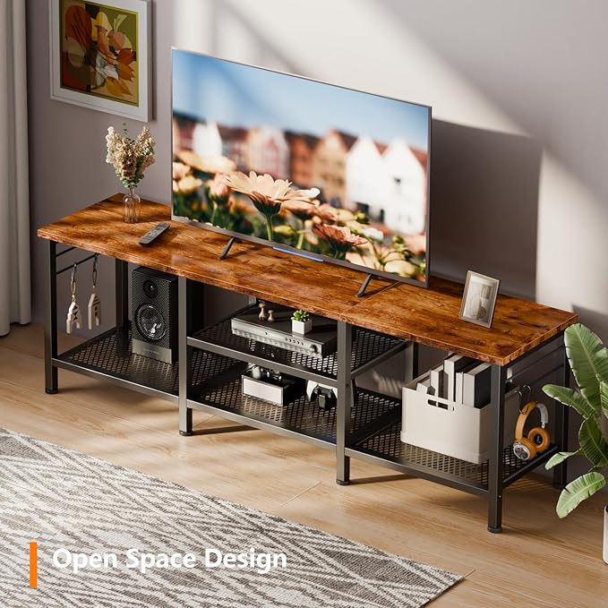 Furologee TV Stand for TVs up to 65 Inch, Entertainment Center with Open Storage Shelves, 55 Inch Television Stands with Soundbar Shelf for Living Room, Bedroom, Rustic Brown
