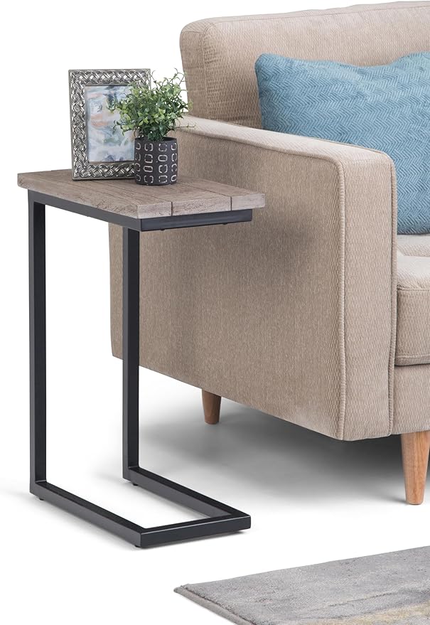 SIMPLIHOME Skyler 18-inch Wide Solid Mango/Metal Industrial C-Shaped End Table in Birch/Black for Living Room, Office, or Bedroom, Assembled