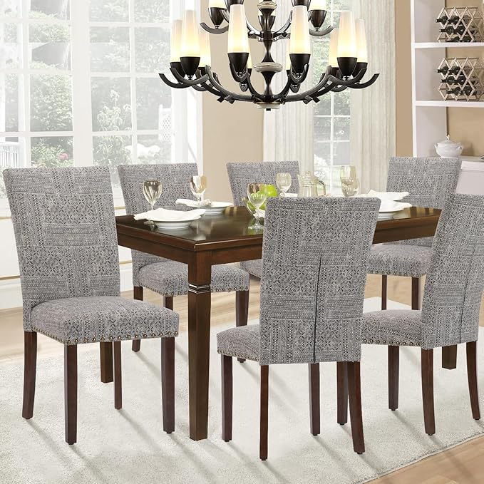 Parsons Dining Chairs Set of 2, Upholstered Nailhead Dining Room Kitchen Side Chair with Thick Cushions and Wood Legs, Black/White
