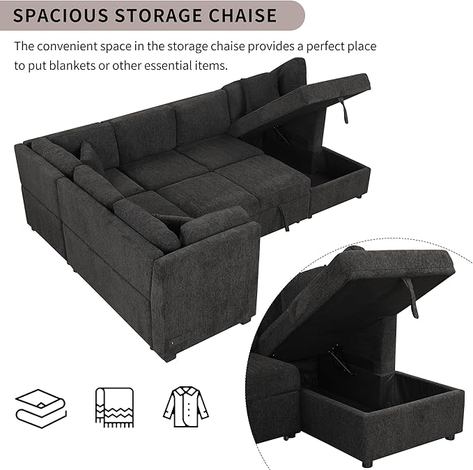 Ball & Cast 108.6" Sleeper Sectional Pull Out Sofa with 2 USB Ports,Two Power Sockets,Versatile U-Shape Couch w/ 3 Back Pillows and Storage Chaise,for Living Room,Office,Apartment,Black