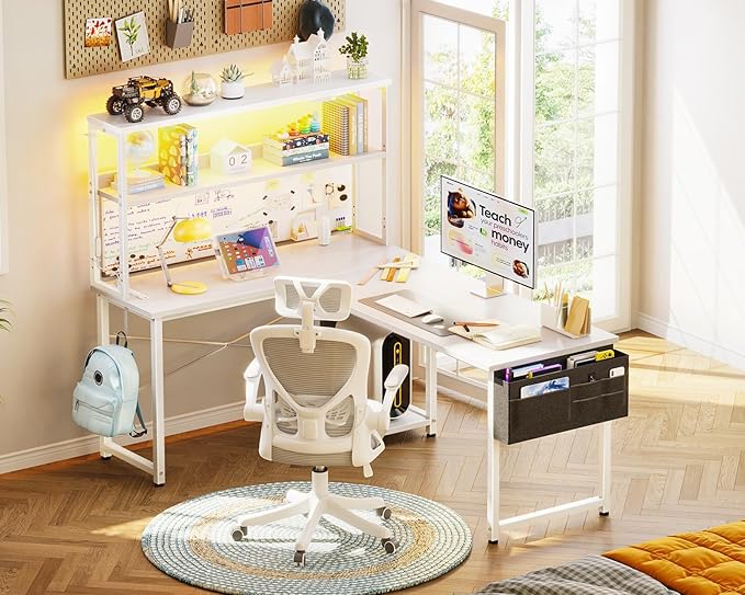 AODK L Shaped Desk Gaming Desk with LED Light & Power Outlet, 53 Inch Reversible L Shaped Computer Table with Shelf, Corner Desk with Storage Bag&Hook for Home Office Desk, White