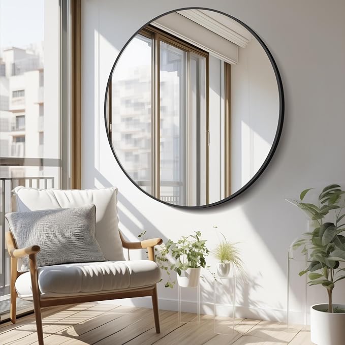 Black Round Mirror, 42 inch Large Circle Mirror, Aluminum Alloy Metal Frame Round Bathroom Mirror, Big Round Wall Mirror, Circle Mirrors for Wall Entryway Bedroom Living Room