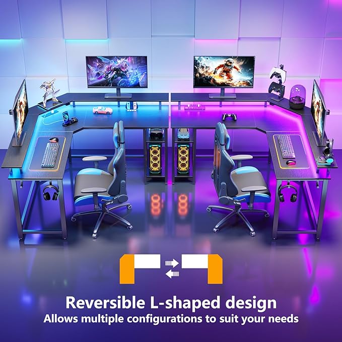 Rolanstar L Shaped Gaming Desk with LED Lights & Power Outlets, 46.2" Computer Desk with Full Monitor Stand & Storage Shelf, Corner Desk with Hooks, Black Desk Reversible