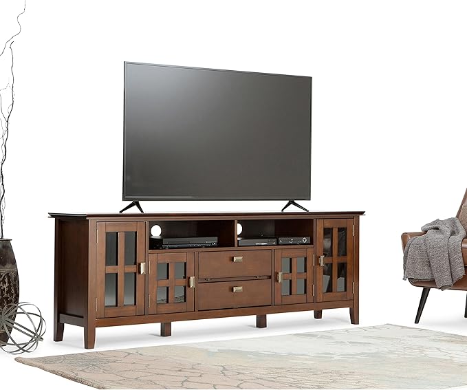 SIMPLIHOME Artisan SOLID WOOD 72 inch Wide Transitional TV Media Stand in Russet Brown For TVs up to 80 inches for the Living Room and Entertainment Center