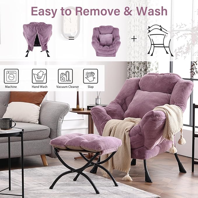 Lazy Chair with Ottoman, Reading Chair with a Pillow, Leisure Sofa Armchair with Ottoman, Large Accent Lounge Chair for Bedroom, Living Room, Dorm Room, Plush Purple