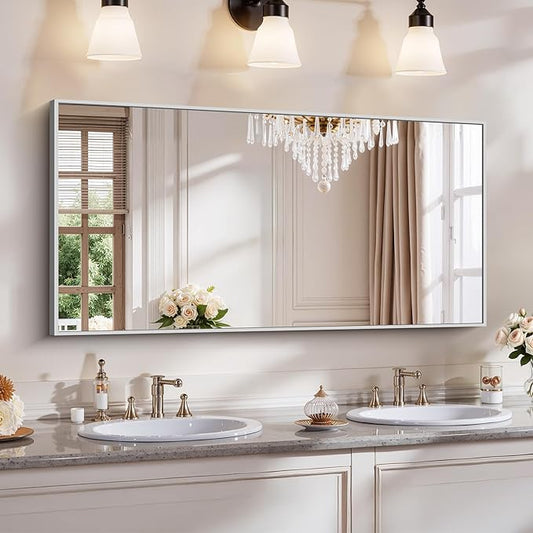 YIROMAN Bathroom Mirror 48"x24", Large Brushed Silver Bathroom Mirror for Over Sink with Aluminum Frame, Rectangular Vanity Mirror with Right Angle, Wall Mirror Hangs Horizontal or Vertical