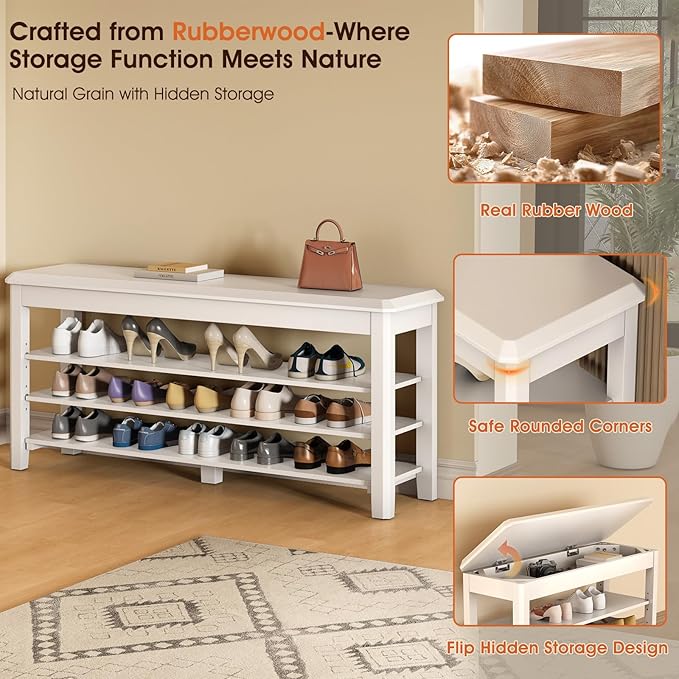 Shoe Rack Bench Seat Rubberwood 3-Tier Wooden Storage Bench 550lbs Compact Mid-Century Modern Design for Entryway, Hallway, Closet, Front Door Entrance, Foyer