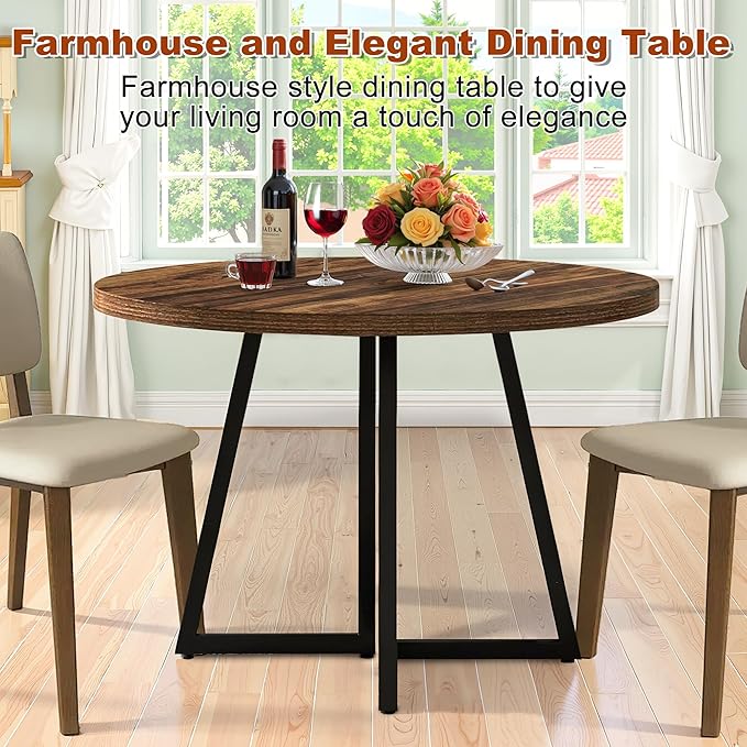 Round Dining Table for 4, 31.5-Inch Farmhouse Dinner Table Wooden Circle Kitchen Tables with Metal Base for Dining Room, Kitchen, Living Room, Brown
