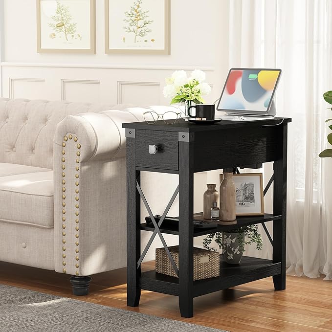 Narrow End Table with Charging Station - Farmhouse Slim Side Table Set of 2, w/USB Ports Power Outlets, Nightstand w/Flip Top Storage Drawer, for Small Spaces Living Room Bedroom, Black