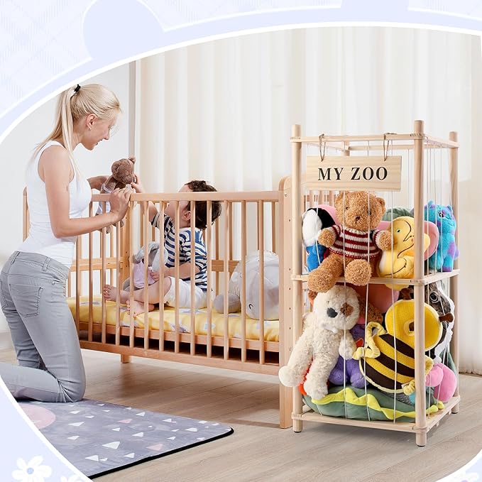 Stuffed Animal Storage Zoo, Wooden Stuffed Animal Organizer with Elastic Cords for Boys Girls, Space Saving Toy Plushies Storage Holder for Playroom, Bedroom, Living Room (Burlywood, Small)