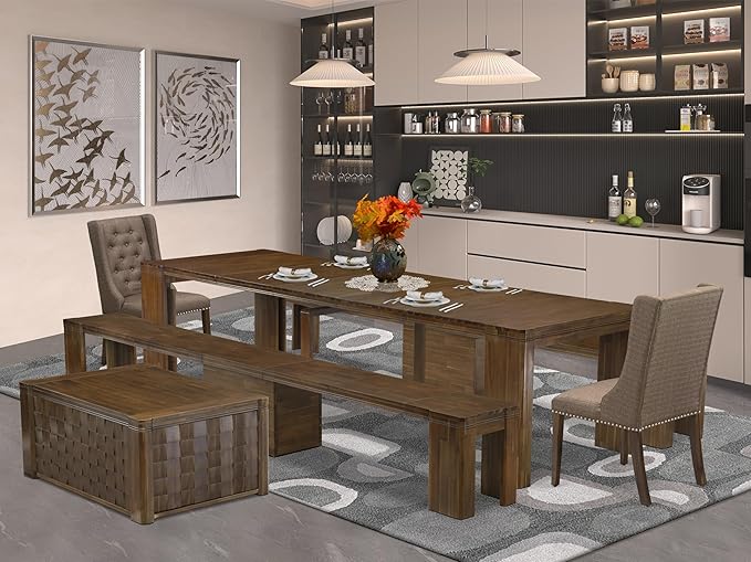 X02FO-2C8-18 - 6 Pieces Dining Table Set includes an Extendable Rectangle Kitchen Table, 1 Coffee Table, 2 Dining Chairs and 2 Modern Benches, 39x120 Inch, Antique Walnut