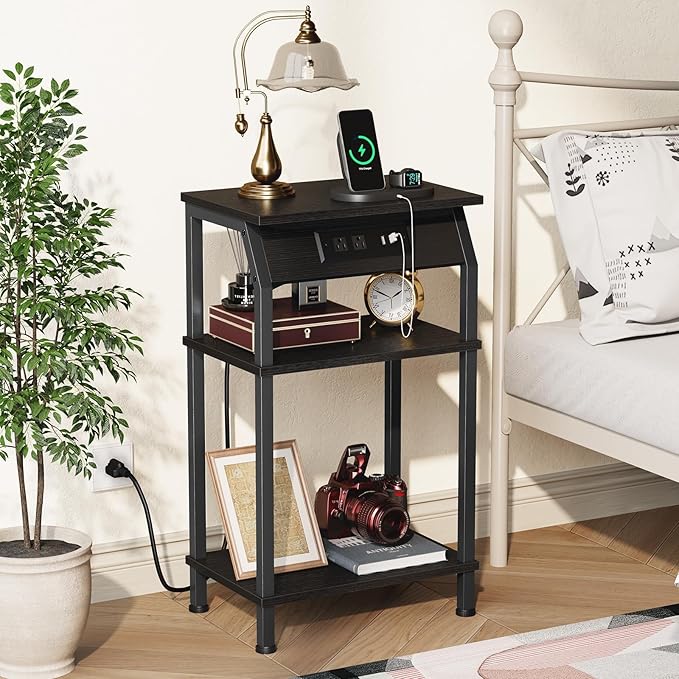 Tall End Table with Storage, 3-Tier Small Bedside Table with Charging Station, Narrow Side Table Stand, Space-Saving Nightstand for Living Room, Bedroom,Office, Black