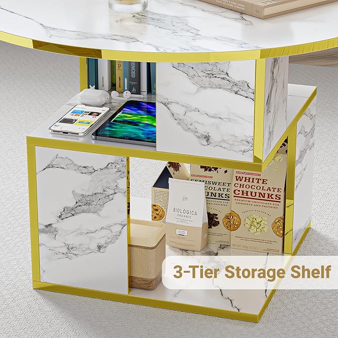 Elephance Round Coffee Table with Storage,3-Tier Coffee Table for Living Room,Wooden Tabletop-Marble White with Gold Frame