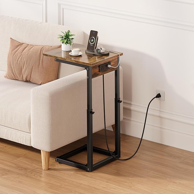 Vagusicc C Shaped End Table with Charging Station, 33" Tall Side Table for Couch, C Table Adjustable Height Small Couch Side Table, Slide Under Sofa Table TV Tray Table for Living Room, Bedroom, Brown