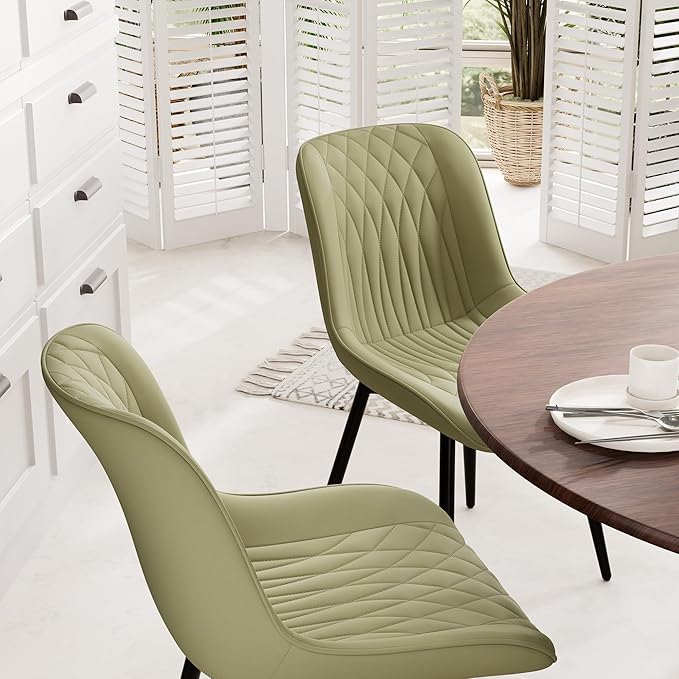 YOUNIKE Dining Chairs Set of 2 with High Back Mid Century Modern Kitchen Dining Room Chairs Faux Leather Upholstered Comfortable Wide Seat Padded Accent Side Chair for Living Room Avocado Green