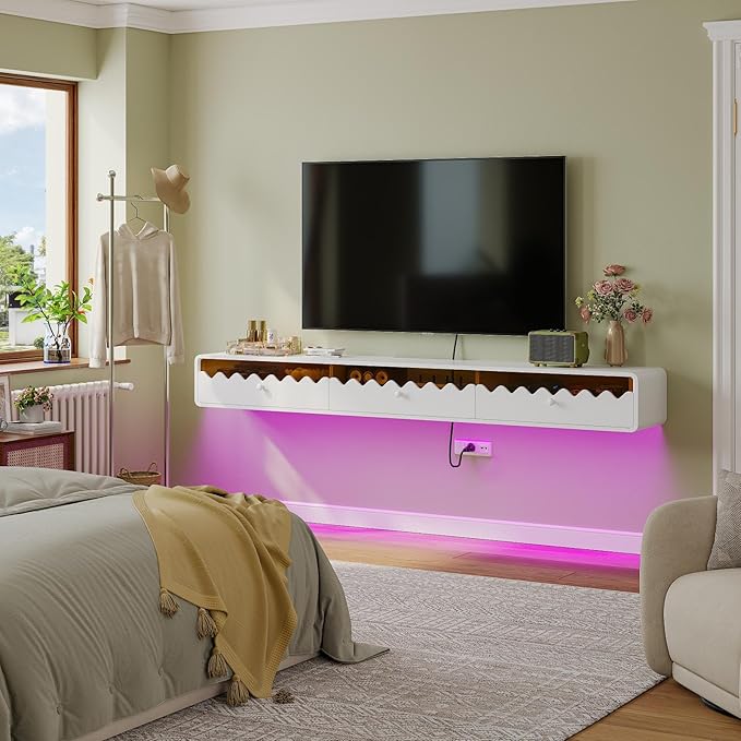 Floating TV Stand, 55IN Fully-Assembled Wall Mounted Wave Glass with Flip-Down Door & Drawers, Modern Media Entertainment Console Under TV Shelf for Livingroom