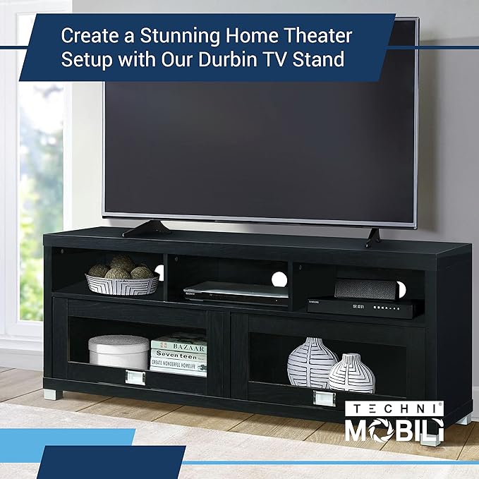 Techni Mobili TV Stand for 55+ Inch TV - Durbin Entertainment Center for 65 Inch TV - Living Room & Media Furniture with Glass Storage Cabinet Drawers, Shelves, & Cable Management Opening - Black