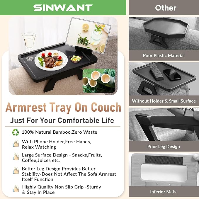 SINWANT Couch Arm Table, Bamboo Clip On Side Table Tray,Foldable Sofa Arm Tray with 360° Phone Holder for Eating Drinking Snacks Remote on Chair Armrest