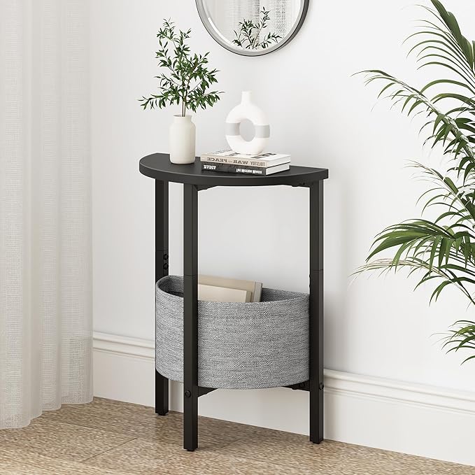 Vagusicc Small Round Side Table End Table, Tall Accent Table with Storage Basket, Set of 2 Half Round Tables Half Moon Tables, Coffee Bedside Tables, Modern Nightstand for Living Room Bedroom, Black
