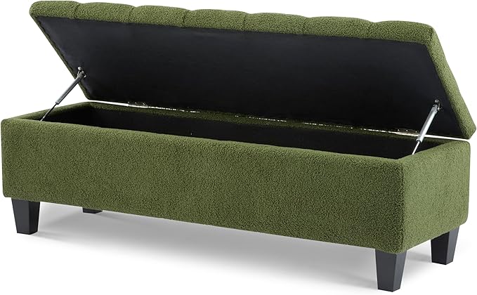 Christopher Knight Home Ottilie Boucle Fabric Storage Ottoman Bench, Wooden Rectangular Ottoman with Storage, Bedroom End of Bed Foot Stool, Entryway Ottoman Footrest, Living Room Extra Seat, Green