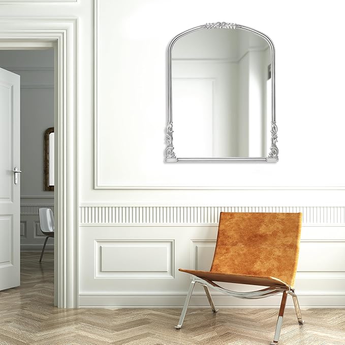 English Estate Carved Arch Wood Wall Mirror, Mirror for Entryway, Living Room, Bathroom, Antique Silver, 25.6x33.4