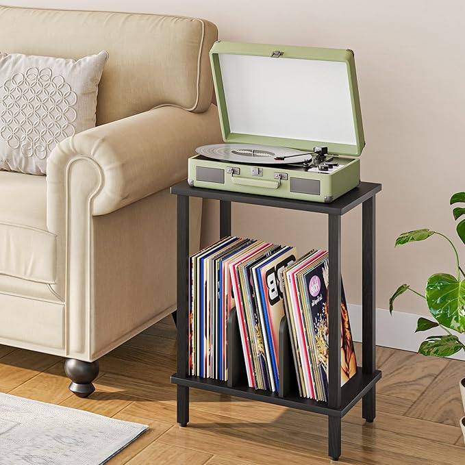 HOOBRO Record Player Stand, 2-Tier End Table, Vinyl Record Turntable Stand with Storage up to 100 Albums, Small Side Table for Living Room, Bedroom, Black, BK05RS01