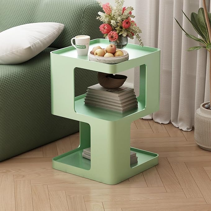 Metal Small Nightstands, Modern Side Table with 3 Tiers Storage, Green End Table for Couch, Living Room Bedroom, Bedside Tables No Assembly Required