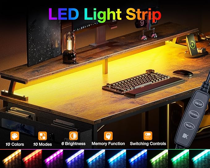 ODK 58 Inch Gaming Desk with USB Charging Ports and LED Lights, Reversible L Shaped Computer Desk with Storage Shelves & Monitor Stand, Corner Home Office Desk Table with Power Outlets, Vintage