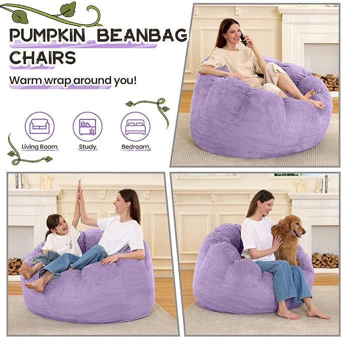 HABUTWAY Giant Bean Bag Chair for Adults/Kids/Teens, Pumpkin Bean Bag Couch Comfy Reading Chair for Bedroom, Corduroy Lazy Sofa Loughe Chair with Wider Seat Depth & Non-Slip Bottom(Purple)