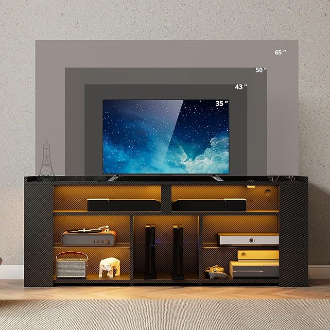 IRONCK Entertainment Center with Storage, 55 Inch Tall TV Stand W/Power Outlet, LED Gaming TV Cabinet for PS4, Black TV Stand with Carbon Fiber