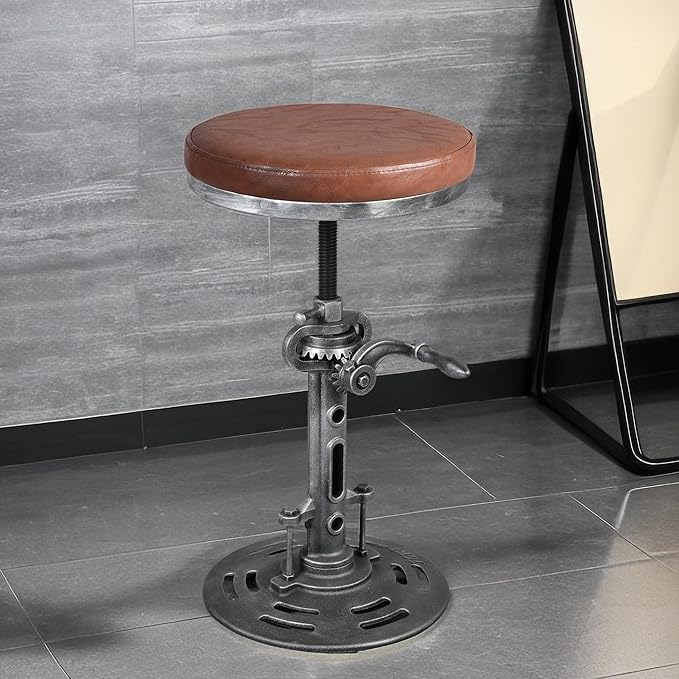 LOKKHAN American Antique Steampunk Deco Vintage Industrial Bar Cafe Stool, Retro Stylish Cast Iron Base Swivel Round Leather Top, Easily Adjusts by Crank Handle
