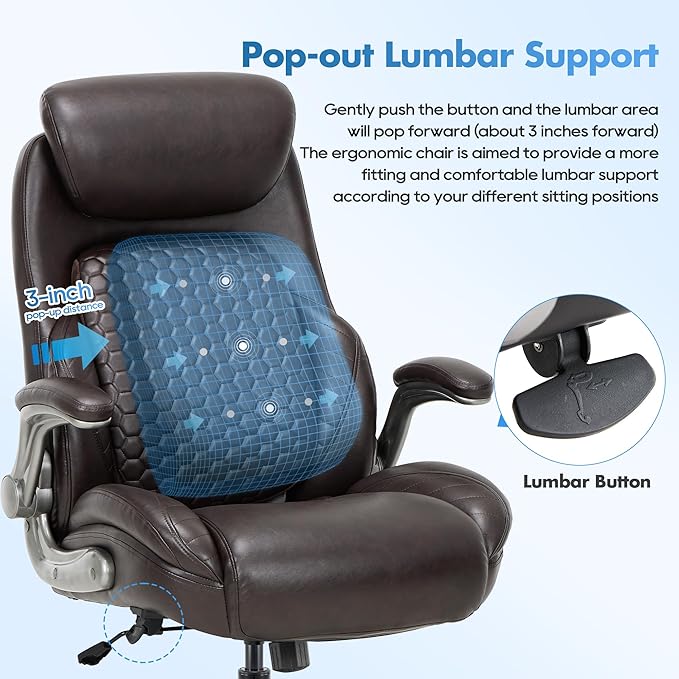 COLAMY Office Ergonomic Desk High Back Executive Chair with Pop-Out Lumbar Support, Upgraded Casters, Adjustable Headrest, Flip-Up Arms, Leather Home with Thick Cushion for Comfort - Brown