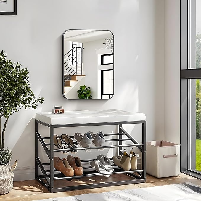 Bathroom Mirror, 18 x 24 inch Metal Framed Black Rectangle Mirror, Rounded Corner Rectangular Vanity Mirror, Wall Mounted Mirror for Modern Bedroom Living Room Hangs Horizontal or Vertical