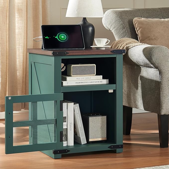 Farmhouse Nightstand with Charging Station, Rustic End Table with Tempered Glass Barn Door, Wood Sofa Side Bedside Table with Open Storage Shelf for Living Room, Bedroom, Green