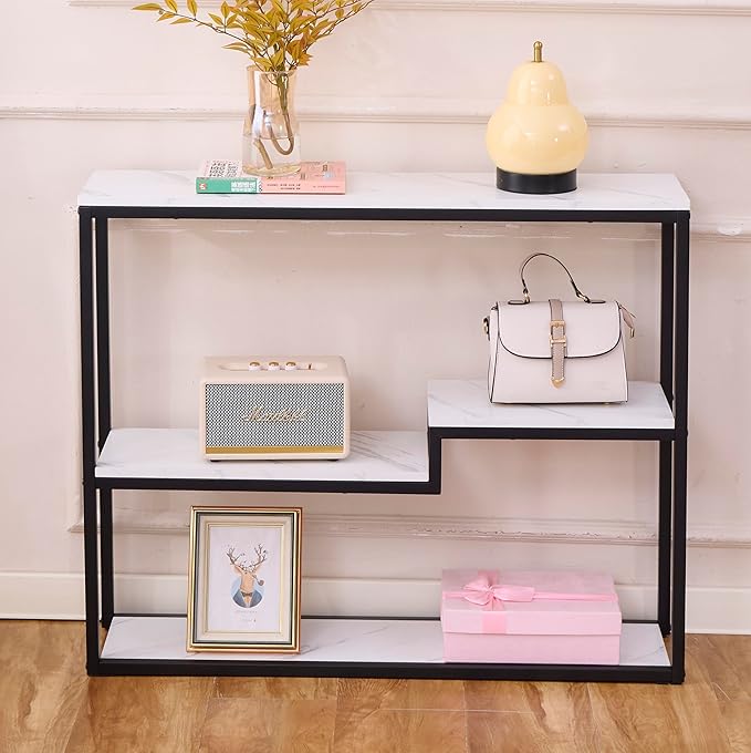 loglus Console Table for Entryway, Faux Marble MDF Sofa Table with Golden Frame (Multilayer, Black Frame)