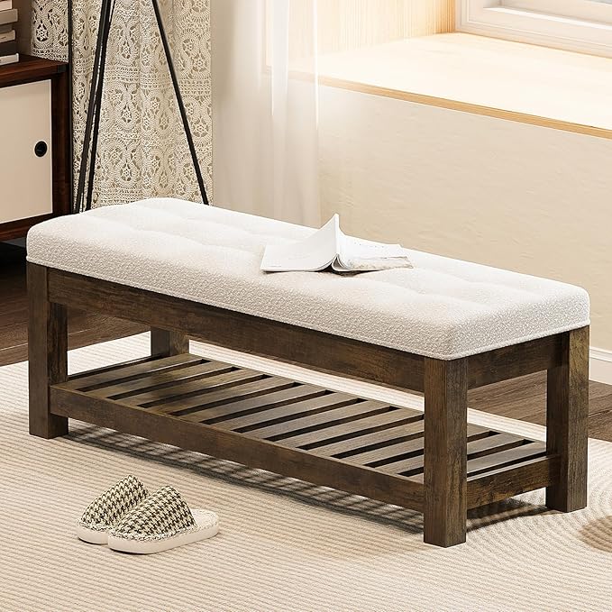 Large Upholstered Ottoman Bench Entryway Storage Benches Tufted Linen Ottoman Bench with Solid Wood Shelf Padded End of Bed Bench for Bedroom Living Room Hallway Decor
