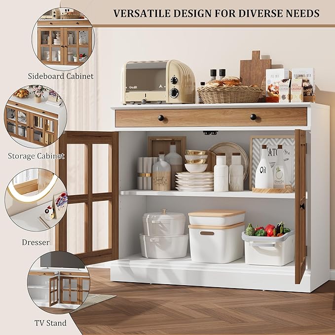 GarveeHome 35.4" Sideboard Buffet Cabinets with Glass Door, Buffet Cabinet with Storage, White&Brown Sideboard Cabinet with Drawer, Modern Buffets & Sideboards for Dining Room, Kitchen