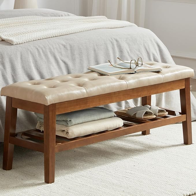 Upholstered Shoe Bench Entryway Bench for Bedroom, End of Bed, Ottoman Bench Tufted Padded Seat with Solid Wood Shelf for Living Room, Faux Leather Ivory