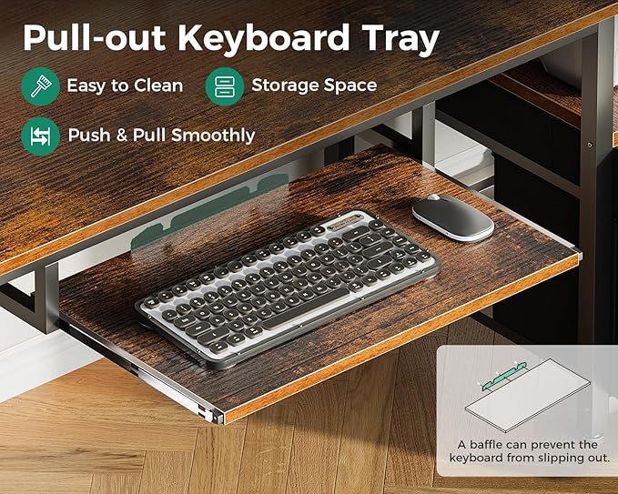 AODK Computer Desk with Drawers and Keyboard Tray, 63" Office Desk with Power Outlet, Reversible Study Work Desk with Printer Shelf and PC Stand for Home Office, Vintage